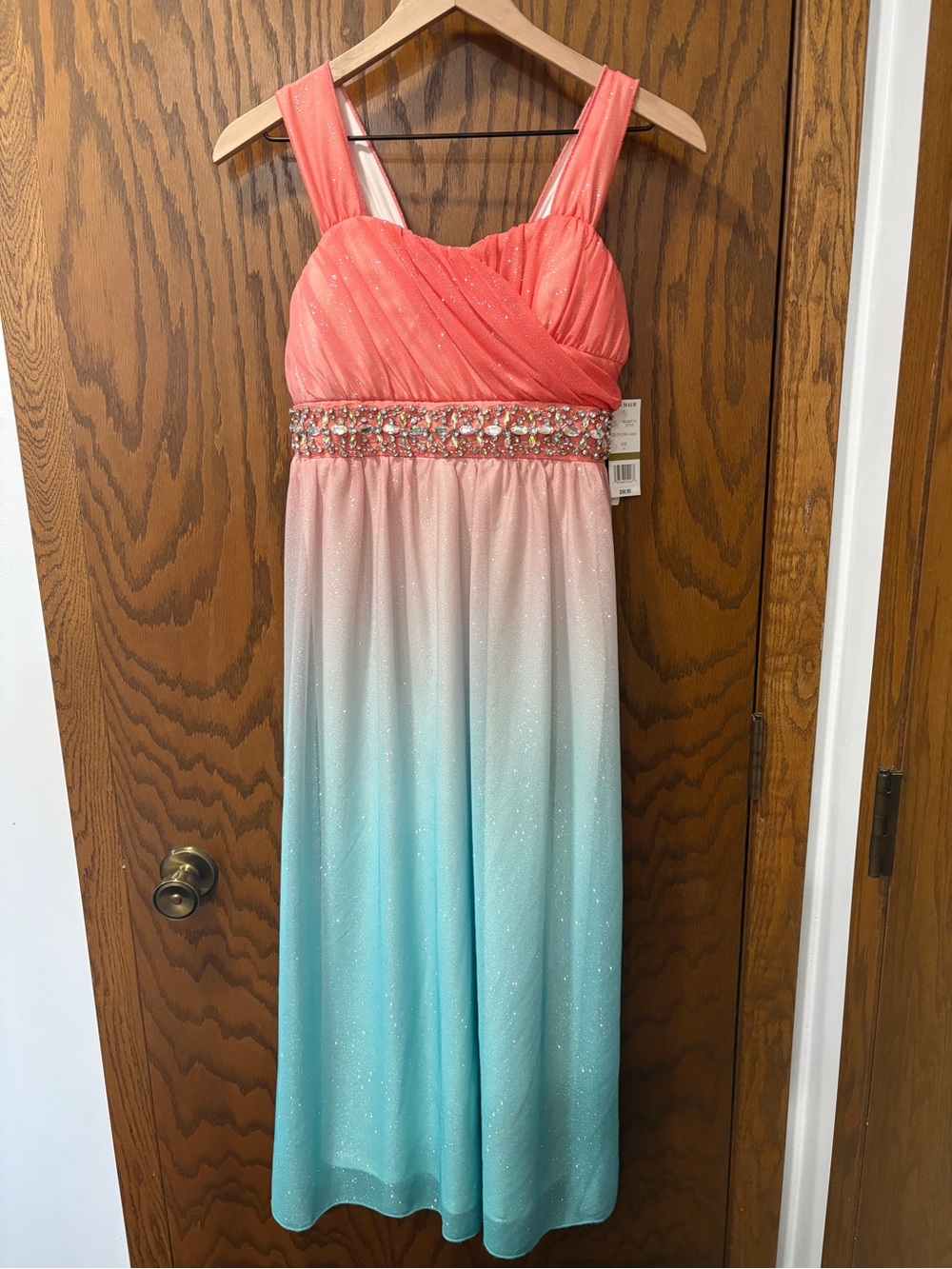 My Michelle Girls Coral Aqua Ombre Formal Dress Rhinestone Waist NEW 14 Von Maur